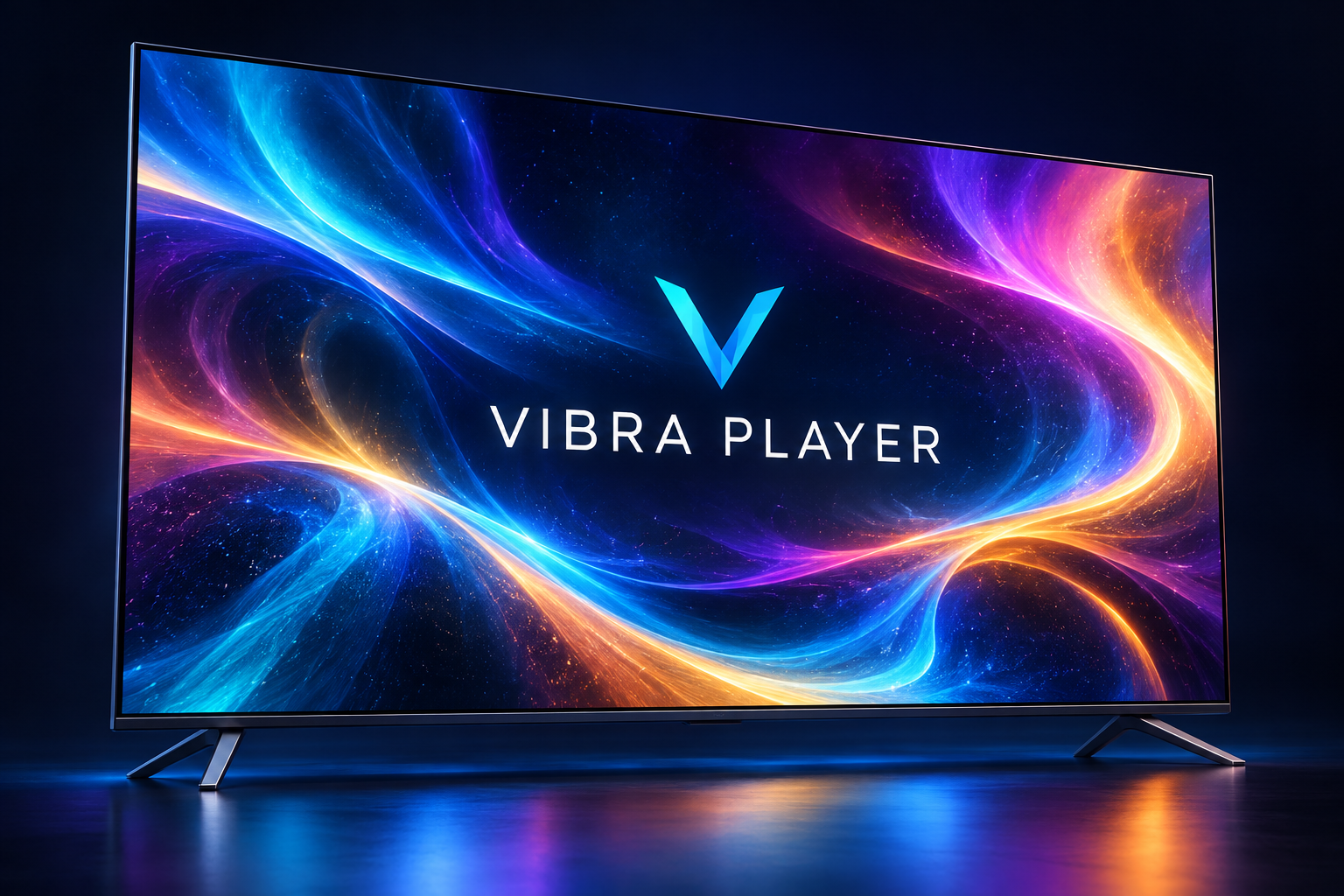 Televisão ligada com luzes coloridas e a marca Vibra Player
